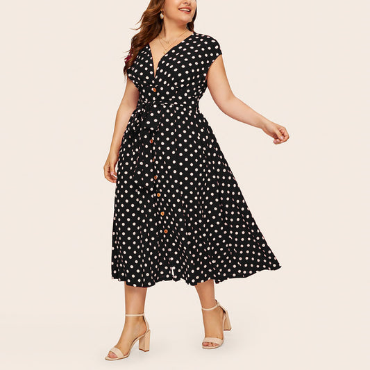 Summer Women Dress Plus Size Polka Dot Floral Print V Neck Vintage Dress