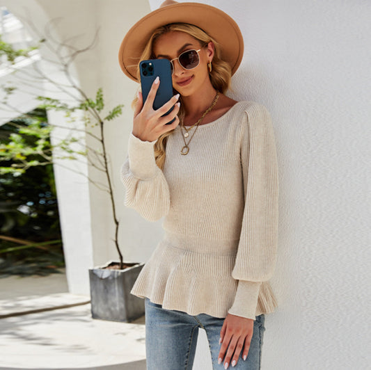 Ladies Lantern Sleeves Knitted Tops Autumn Women Knit Pullover Sweaters