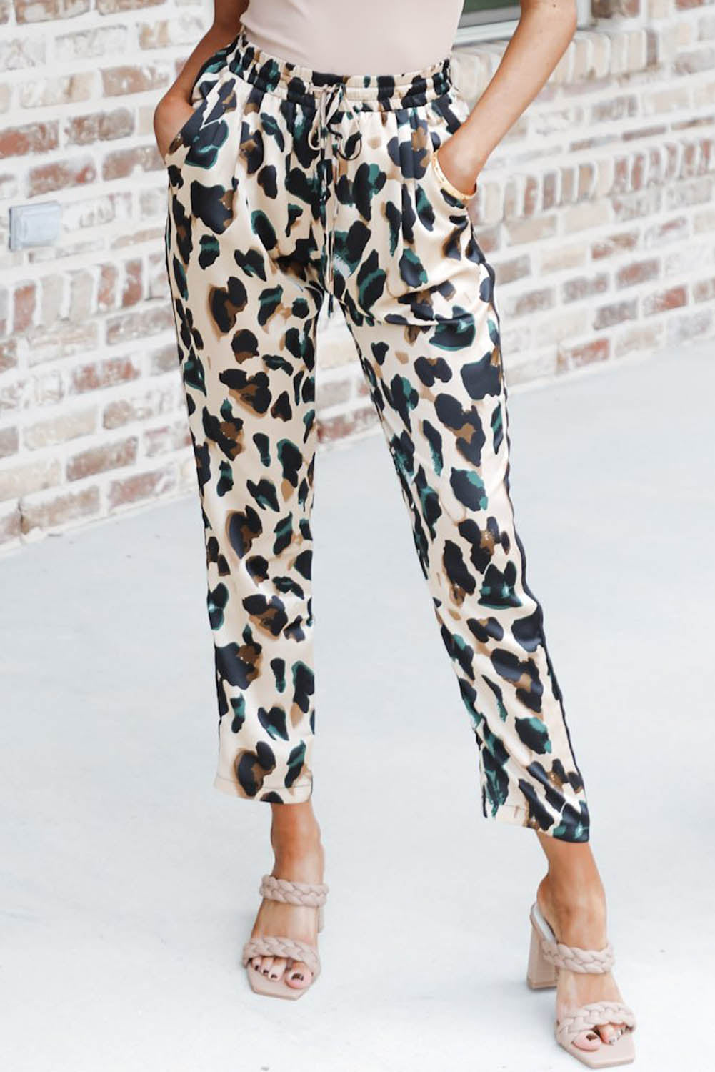 Drawstring Elastic Waist Leopard Print Pants