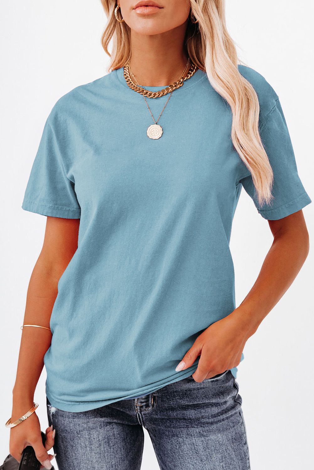 Sky Blue Plain Crew Neck Short Sleeve Tee