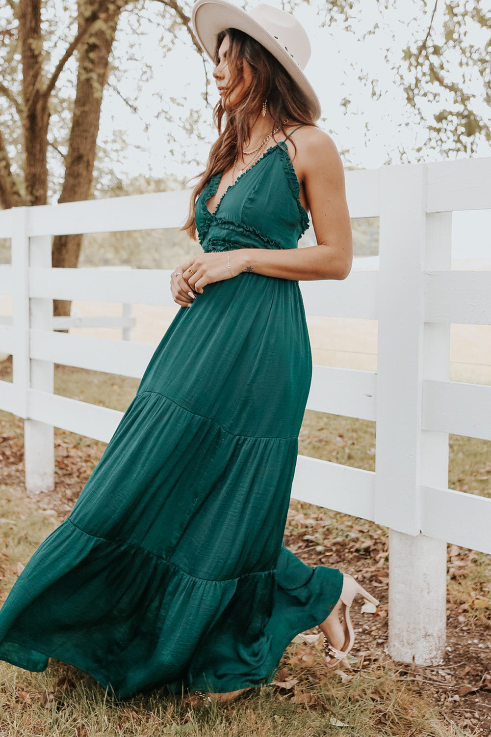 Green Cross Back Frilled Sleeveless Tiered Maxi Dress