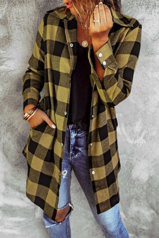 Yellow Turn-down Collar Plaid Shirt Coat