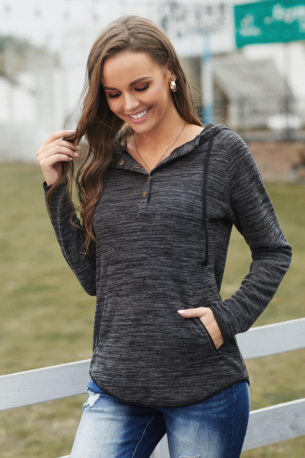 Black Buttoned Neck Hooded Sweatshirt