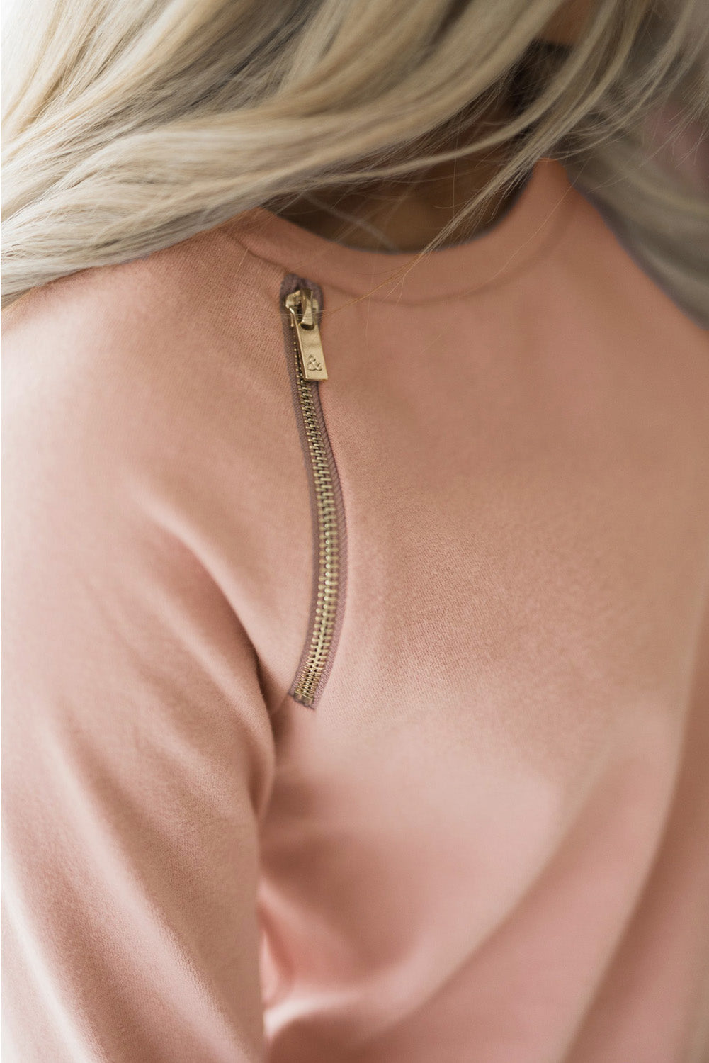 Gold Zip Detail Pink Pullover Sweatshirt