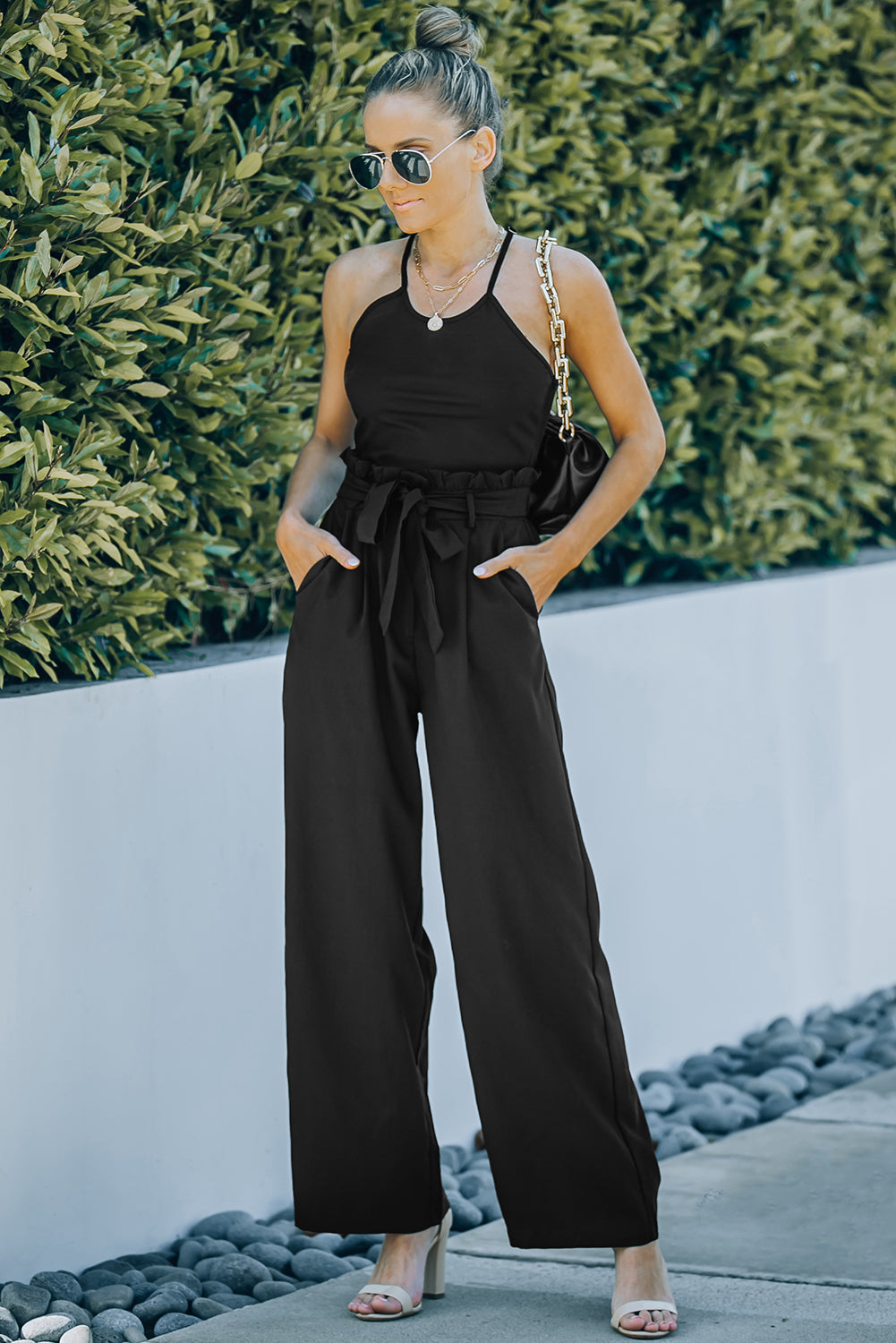 Black Frilled High Waist Wide Leg Pants