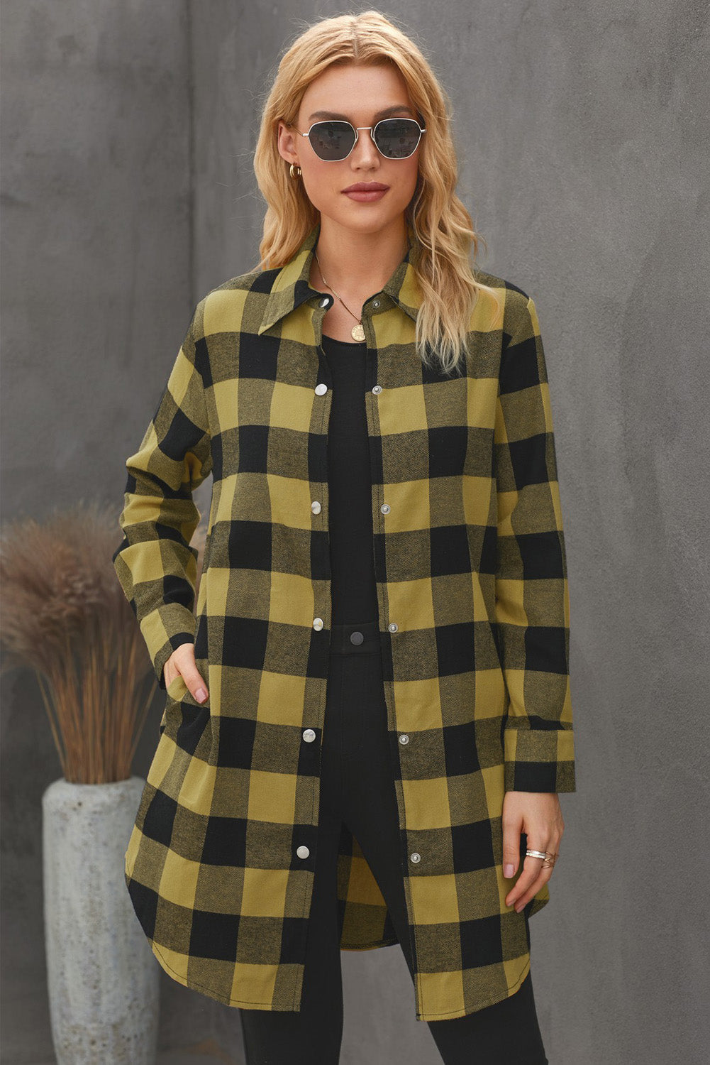 Yellow Turn-down Collar Plaid Shirt Coat