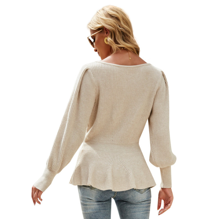 Ladies Lantern Sleeves Knitted Tops Autumn Women Knit Pullover Sweaters