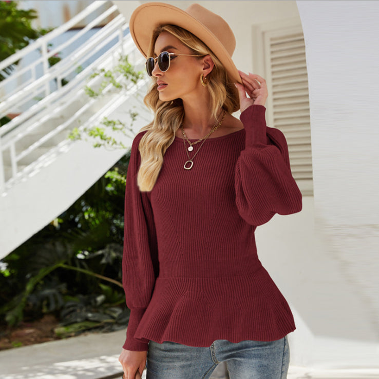 Ladies Lantern Sleeves Knitted Tops Autumn Women Knit Pullover Sweaters