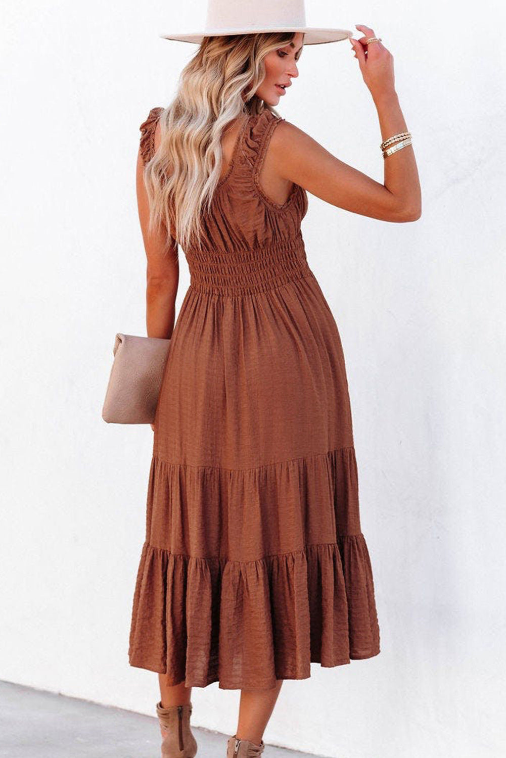 Brown Smocked Ruched Sleeveless High Waist Midi Dress