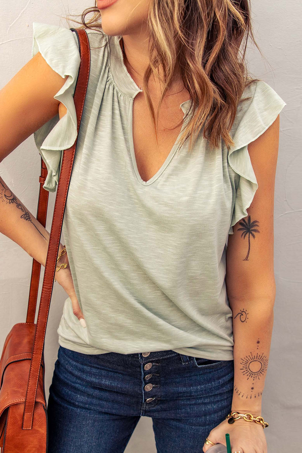 Green Casual Solid V Neck Butterfly Sleeve Blouse