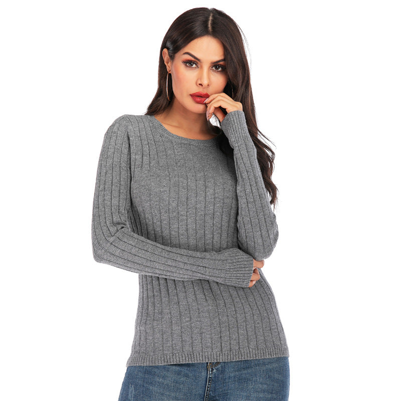 Knitted Pullover Bottoming Shirt Pure Color Tight Stretch Sweater Long-sleeved Women Blouse