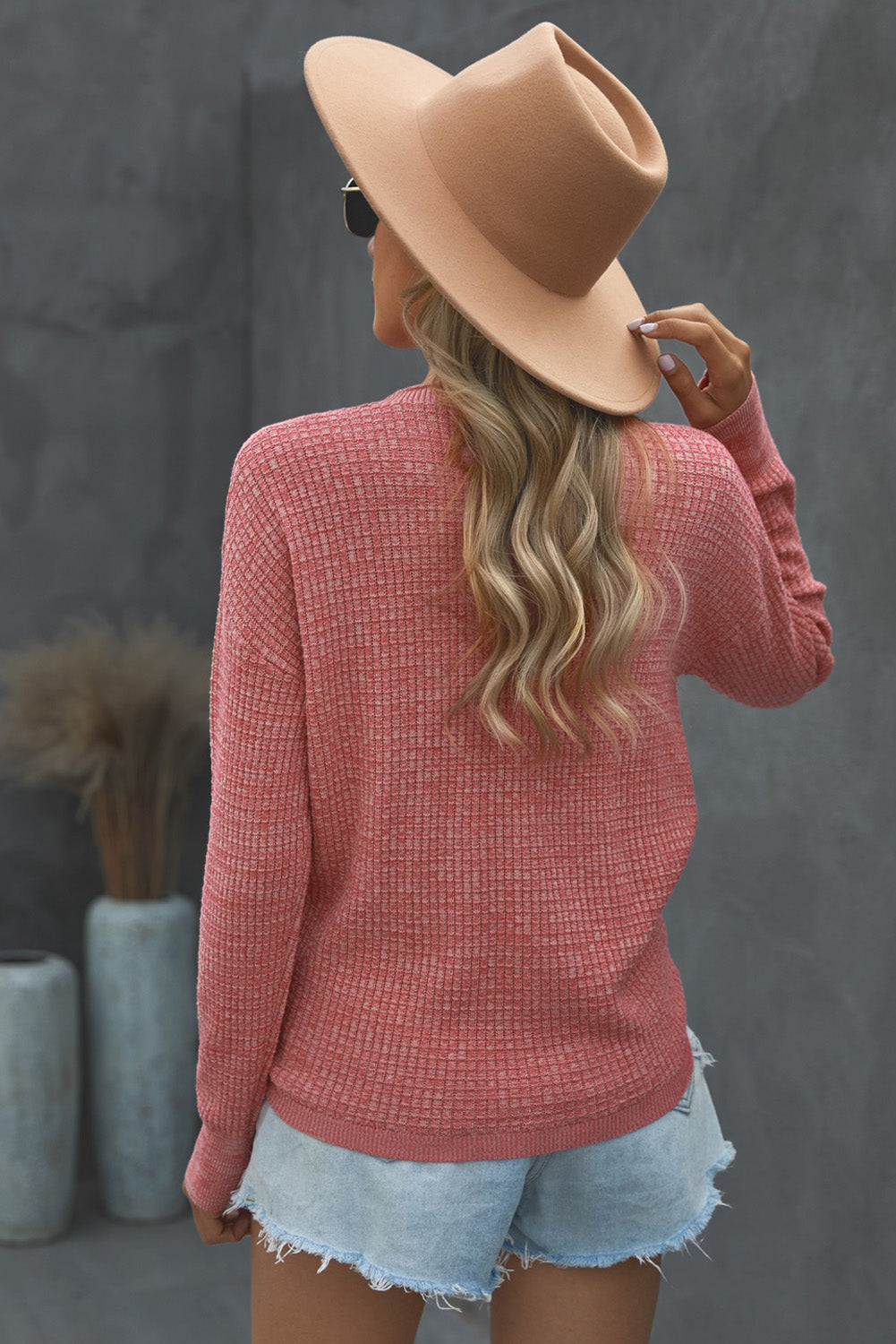 Pink Deep V-neck Long Sleeve Knit Sweater