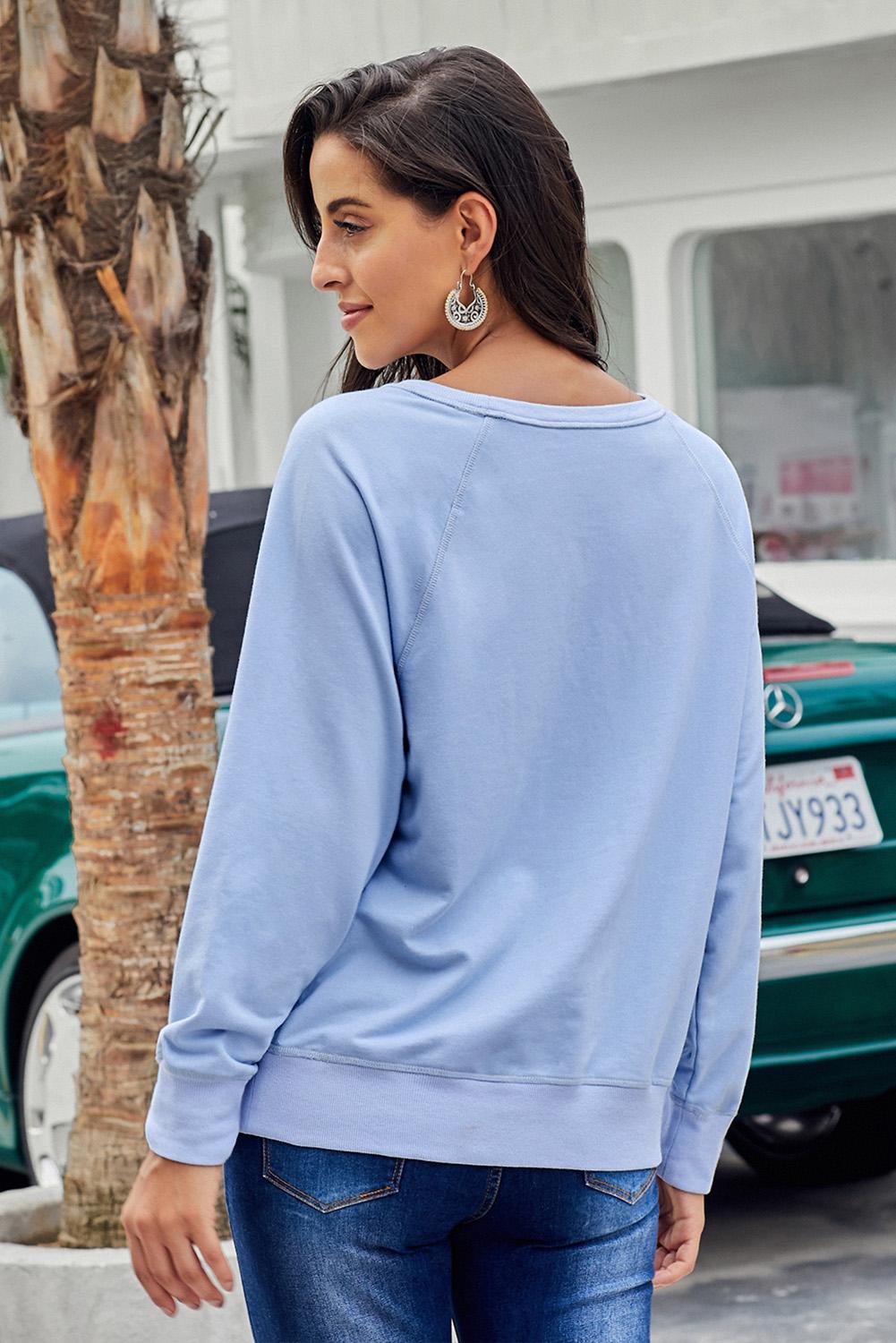 Sky Blue French Terry Cotton Blend Pullover Sweatshirt