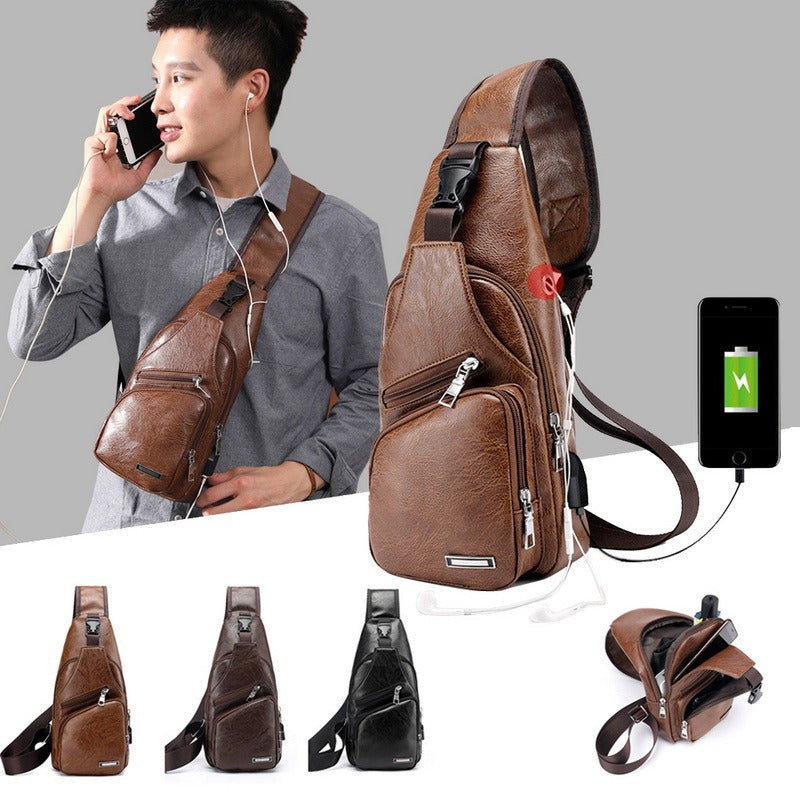 USB Chest Package PU Leather Shoulder Travel Chest Phone Bag