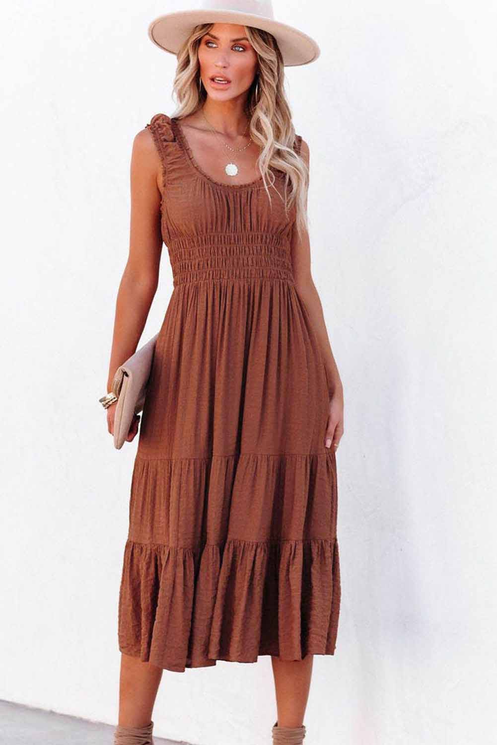 Brown Smocked Ruched Sleeveless High Waist Midi Dress