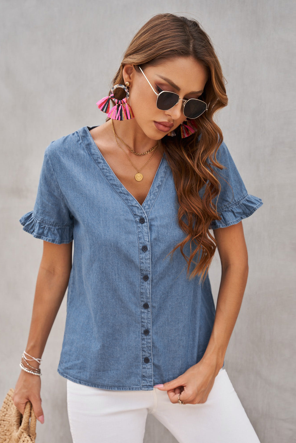 Family Matching Outfit V Neck Ruffled Sleeves Denim Top