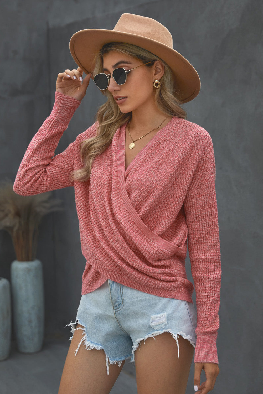 Pink Deep V-neck Long Sleeve Knit Sweater