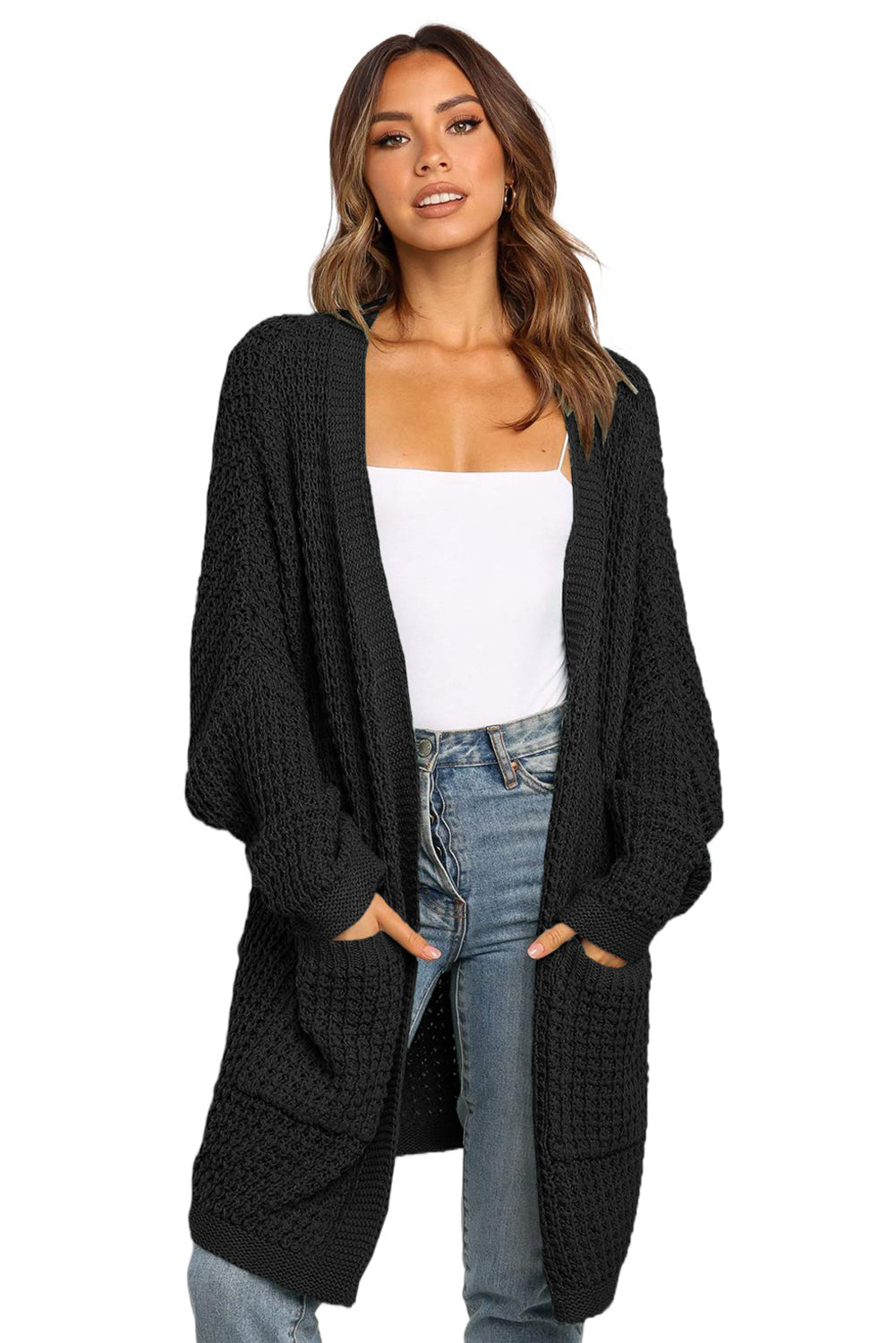 Black Long Line Open Front Knitted Cardigan with Pockets