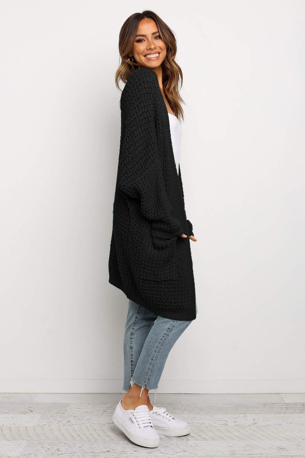 Black Long Line Open Front Knitted Cardigan with Pockets