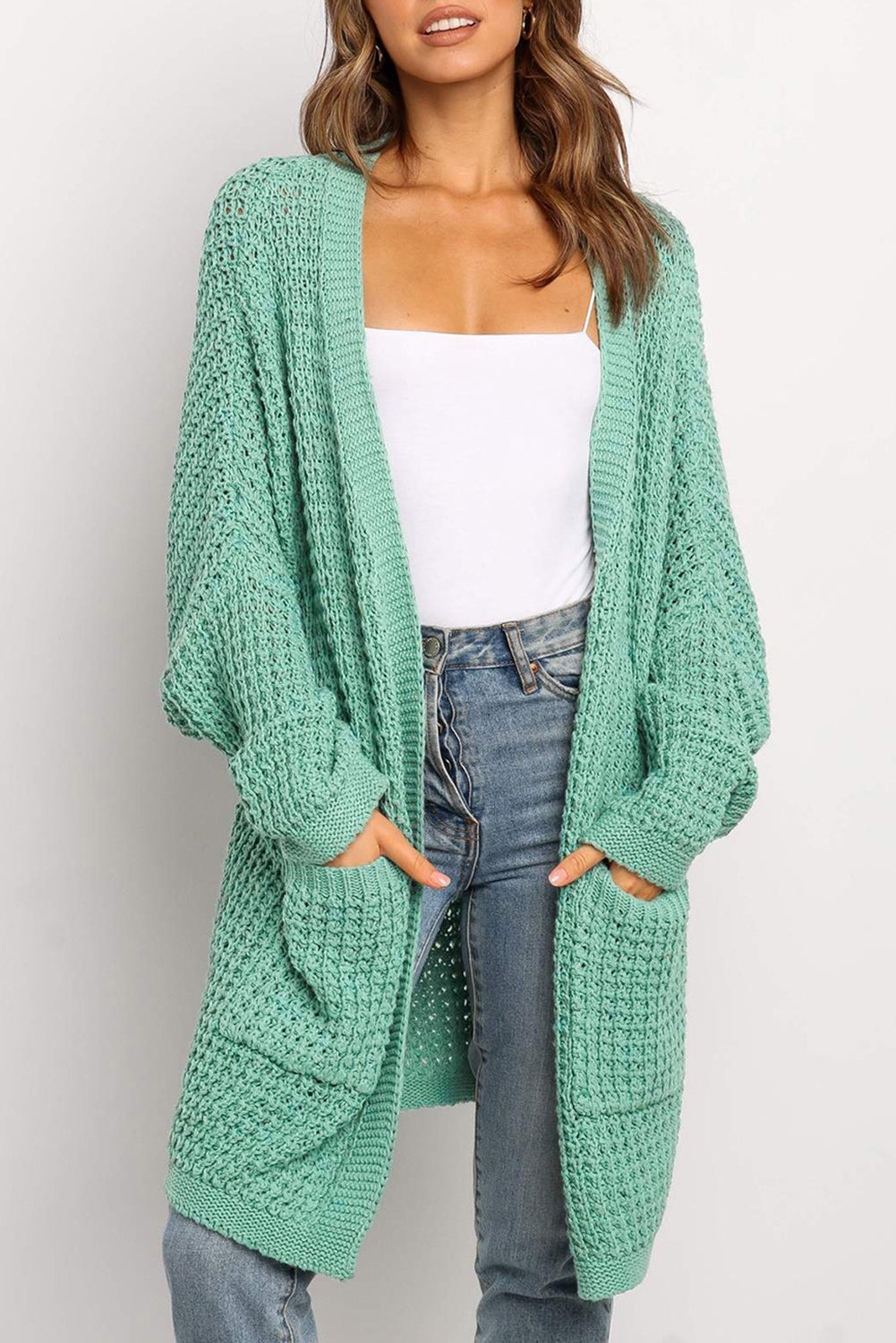 Black Long Line Open Front Knitted Cardigan with Pockets