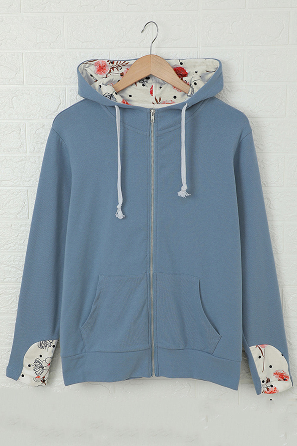 Full Zip Hoodie Coat with Floral Print Hooded Inner