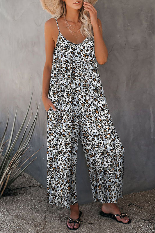 Leopard Palm Leaves Print Spaghetti Strap Wide Leg jumpsuit