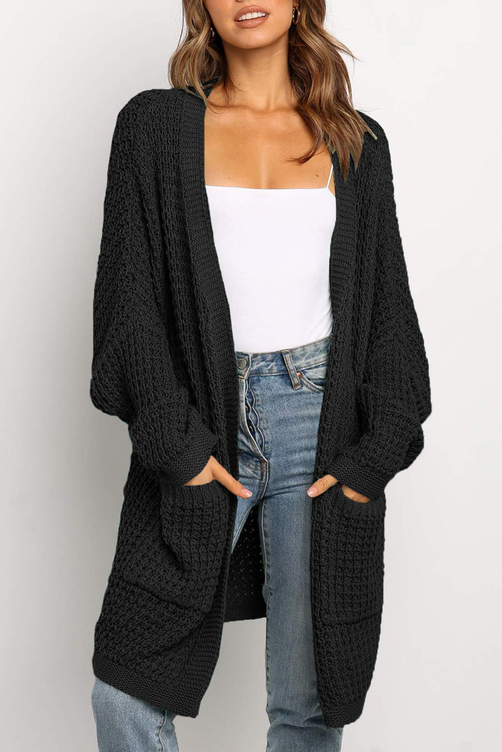 Black Long Line Open Front Knitted Cardigan with Pockets