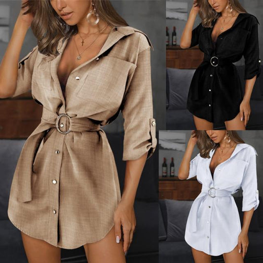 Women Solid Color Half Sleeve Mini Shirt Dress