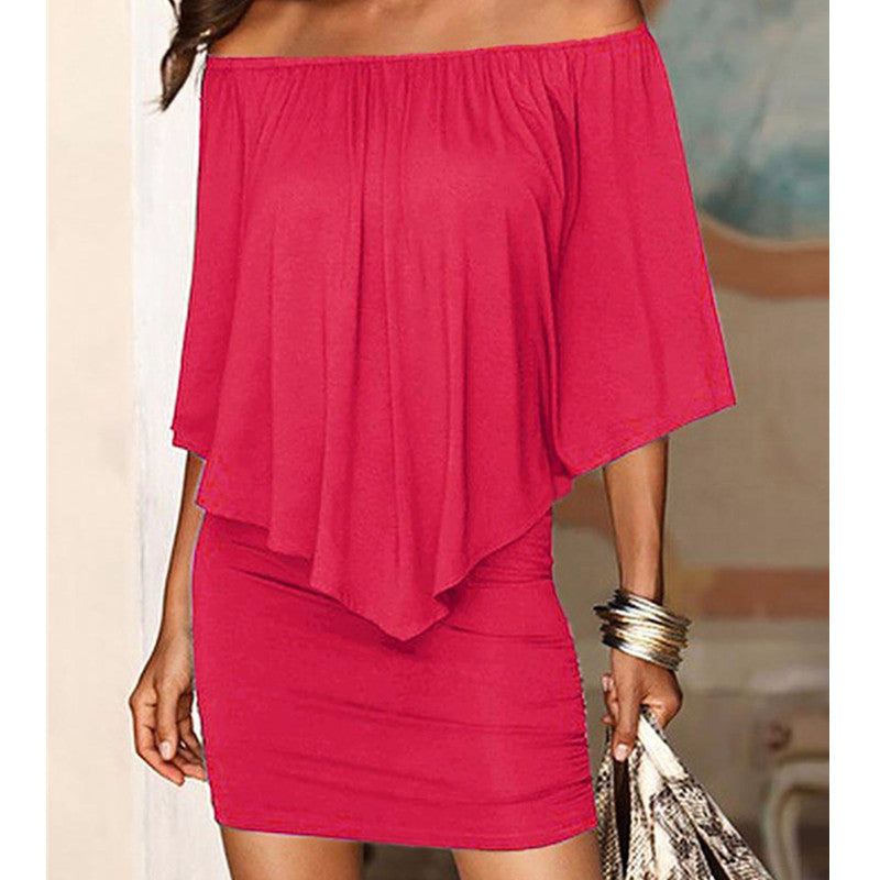 Women Off Shoulder Summer Solid Bat Sleeve Dress