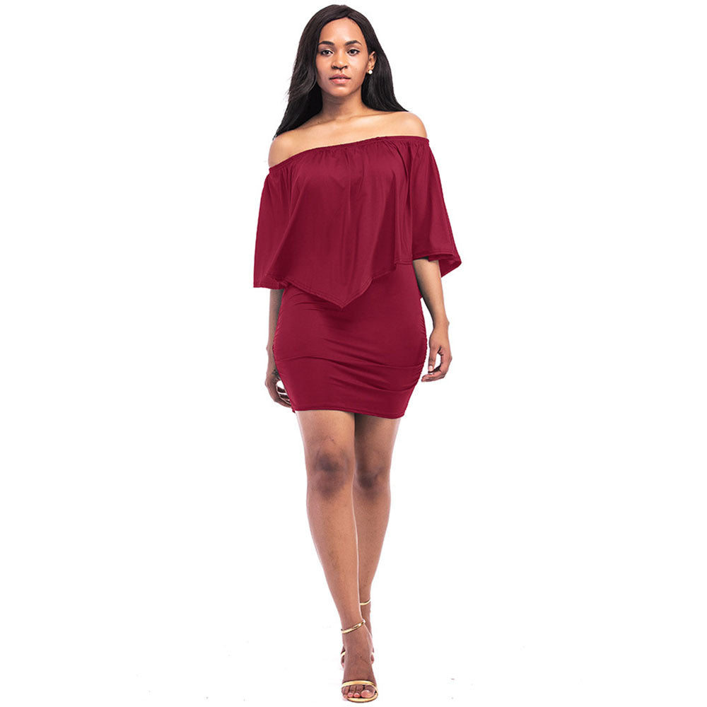 Women Off Shoulder Summer Solid Bat Sleeve Dress