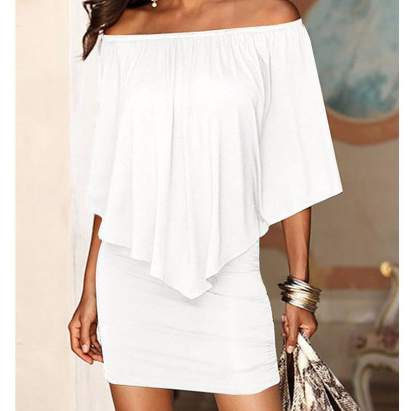 Women Off Shoulder Summer Solid Bat Sleeve Dress