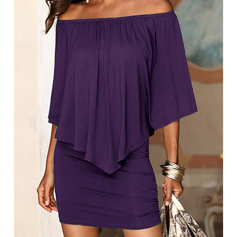 Women Off Shoulder Summer Solid Bat Sleeve Dress