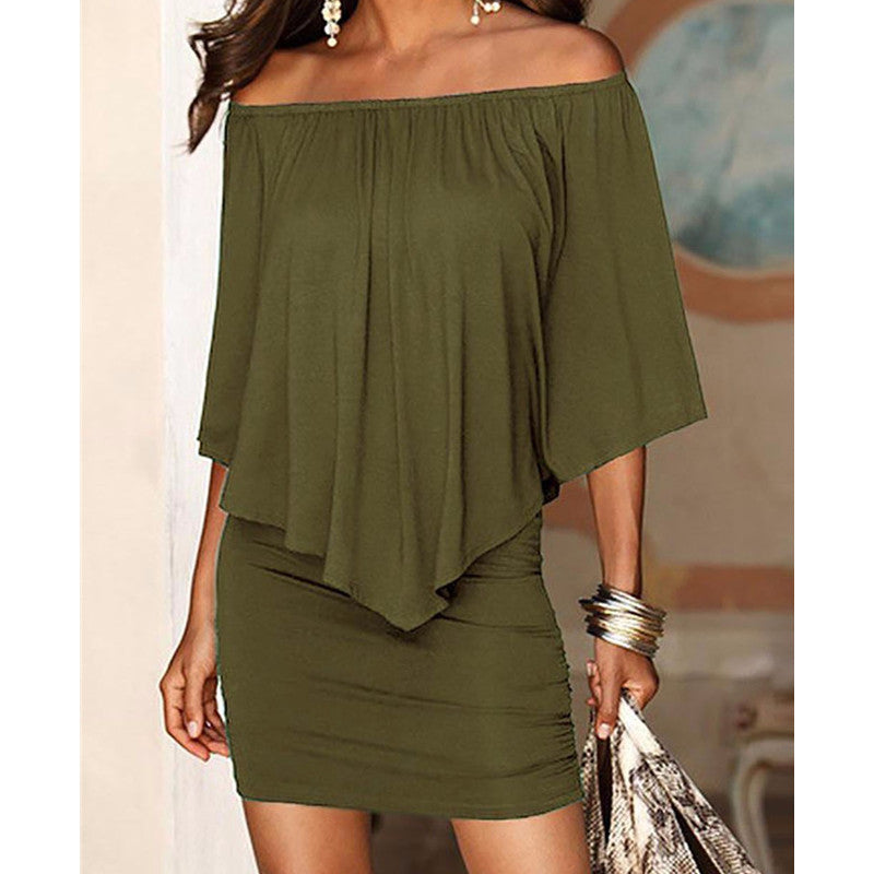 Women Off Shoulder Summer Solid Bat Sleeve Dress