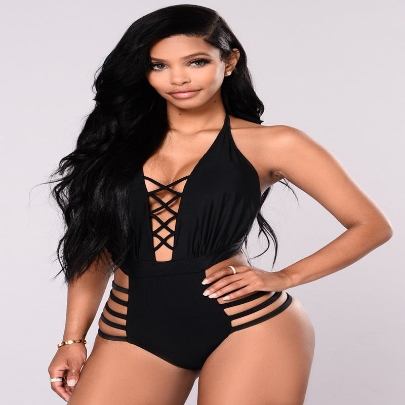 Women Summer Black Backless One Piece Swimsuit Swimwear