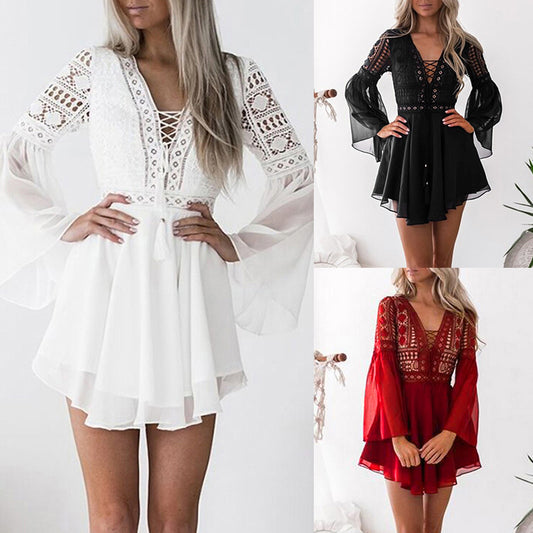 Women Summer Bohemian Sexy V Neck Hollow Out Mini Dress