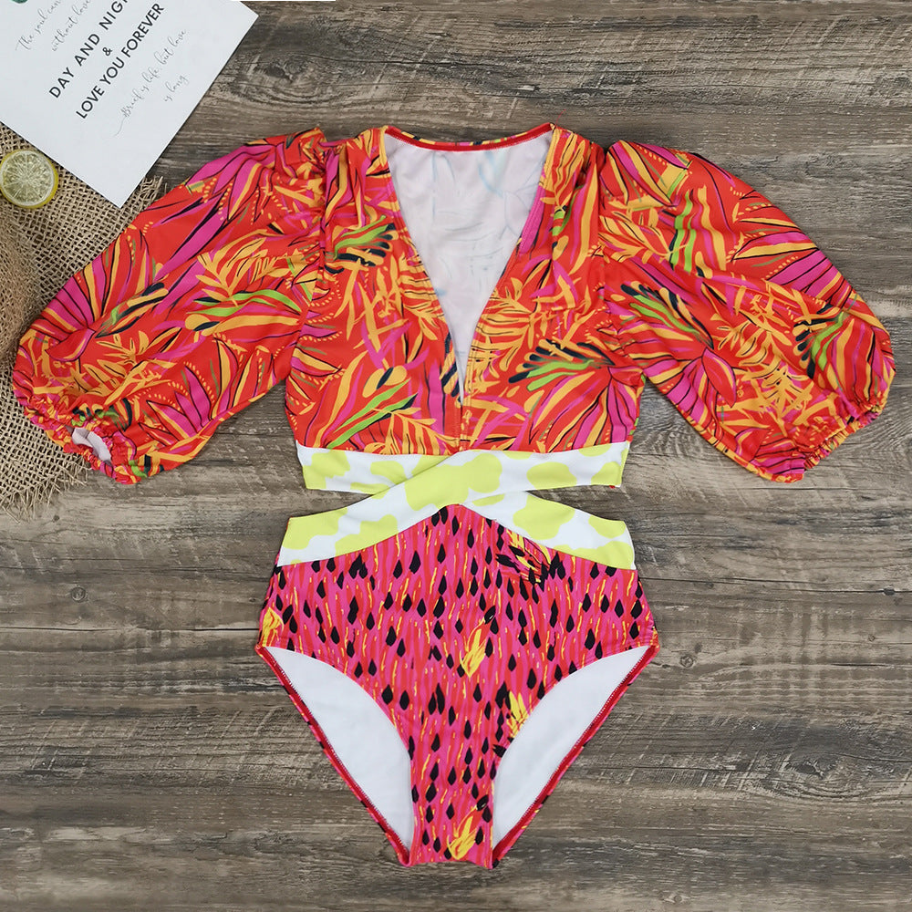 Women One-piece Bikini Puff Sleeve Retro Print Swimwear Backless Sexy Swimsuit