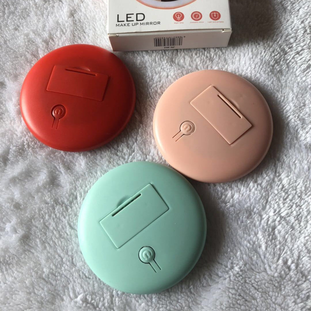 Mini espejo cosmético portátil redondo para maquillaje con luces LED